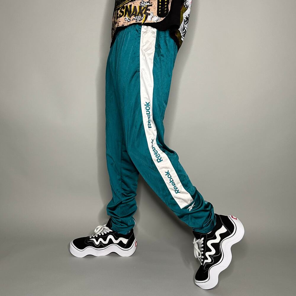 Vintage Y2K Reebok Joggers Mens L Teal Polyester Sweatpants Spellout Logo Tape